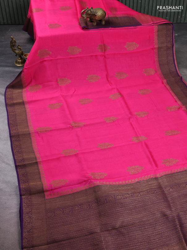 Banarasi semi tussar saree candy pink and violet with thread & zari woven buttas and woven border