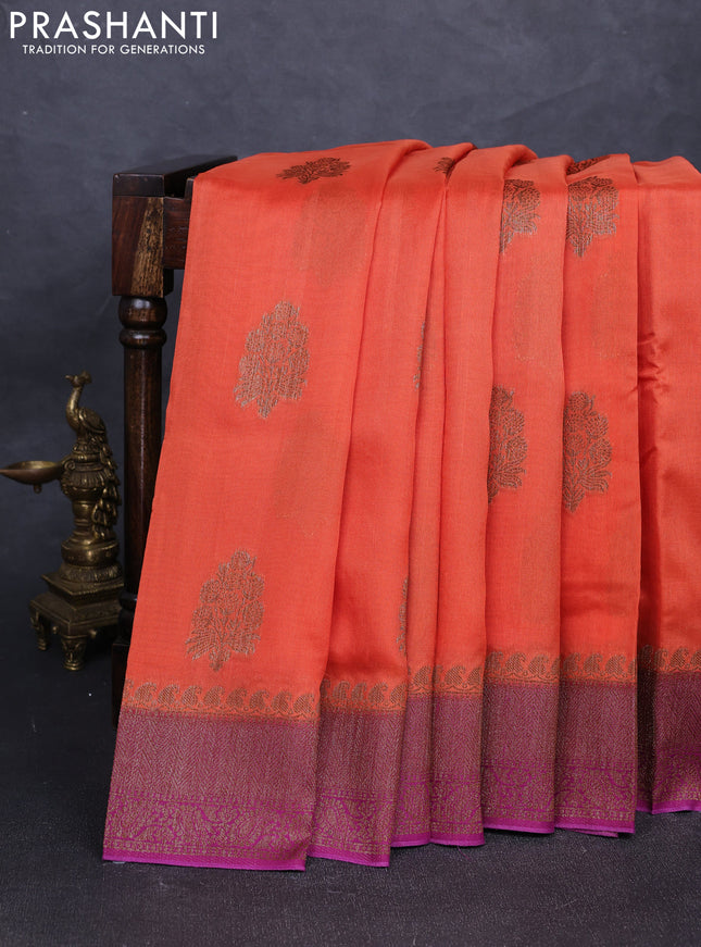 Banarasi semi tussar saree orange and purple with thread & zari woven buttas and woven border