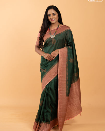 Banarasi semi tussar saree bottle green and peach shade with thread & zari woven buttas and woven border