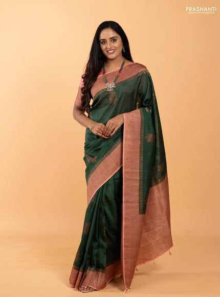Banarasi semi tussar saree bottle green and peach shade with thread & zari woven buttas and woven border