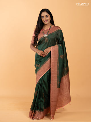 Banarasi semi tussar saree bottle green and peach shade with thread & zari woven buttas and woven border