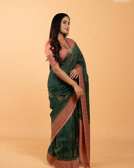 Banarasi semi tussar saree bottle green and peach shade with thread & zari woven buttas and woven border