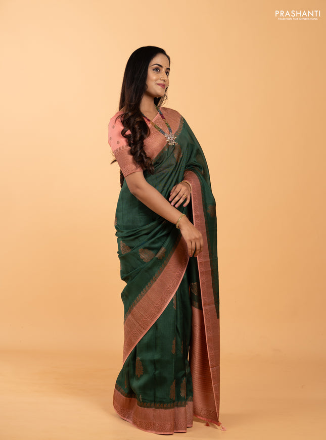 Banarasi semi tussar saree bottle green and peach shade with thread & zari woven buttas and woven border