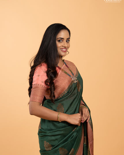 Banarasi semi tussar saree bottle green and peach shade with thread & zari woven buttas and woven border