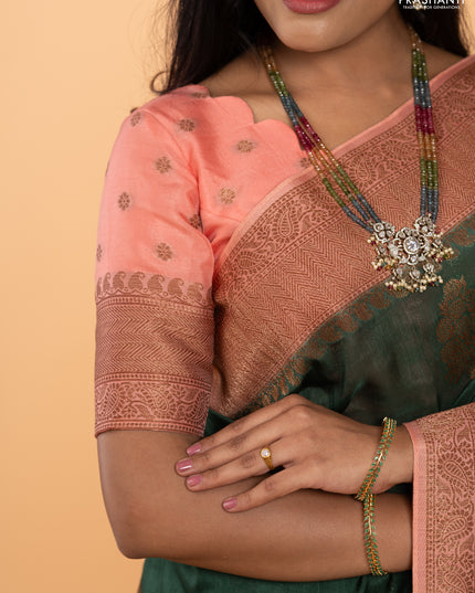 Banarasi semi tussar saree bottle green and peach shade with thread & zari woven buttas and woven border