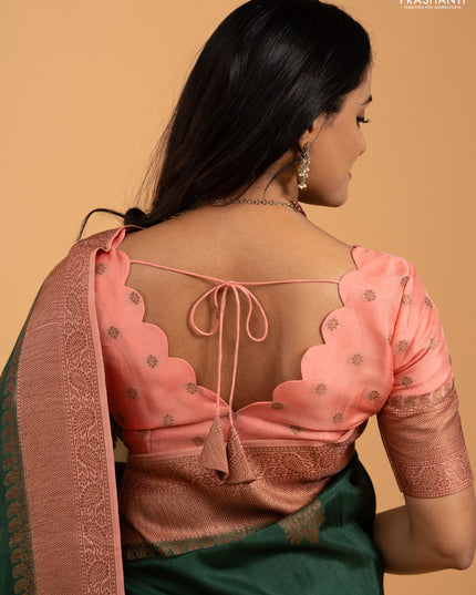 Banarasi semi tussar saree bottle green and peach shade with thread & zari woven buttas and woven border