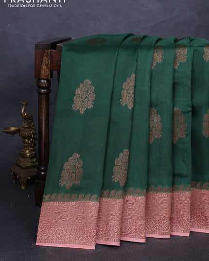 Banarasi semi tussar saree bottle green and peach shade with thread & zari woven buttas and woven border