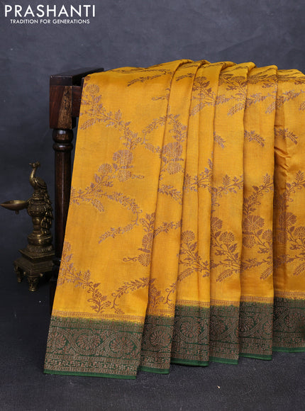 Banarasi semi tussar saree mustard yellow and green with allover thread & zari weaves and woven border