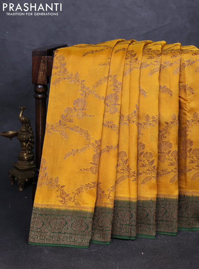 Banarasi semi tussar saree mustard yellow and green with allover thread & zari weaves and woven border