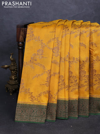 Banarasi semi tussar saree mustard yellow and green with allover thread & zari weaves and woven border
