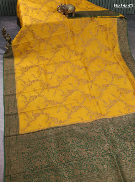 Banarasi semi tussar saree mustard yellow and green with allover thread & zari weaves and woven border