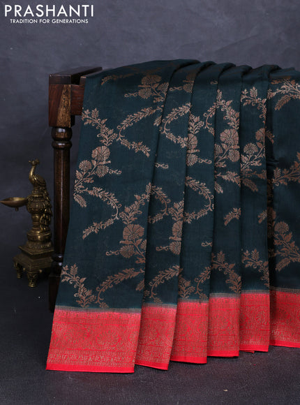 Banarasi semi tussar saree bottle green and red with allover thread & zari weaves and woven border