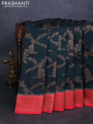 Banarasi semi tussar saree bottle green and red with allover thread & zari weaves and woven border