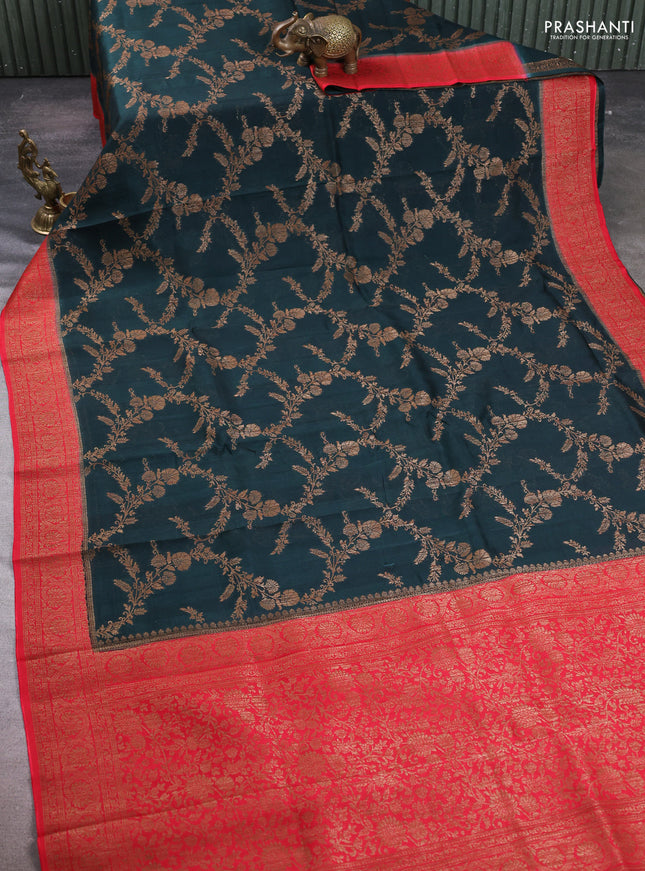 Banarasi semi tussar saree bottle green and red with allover thread & zari weaves and woven border