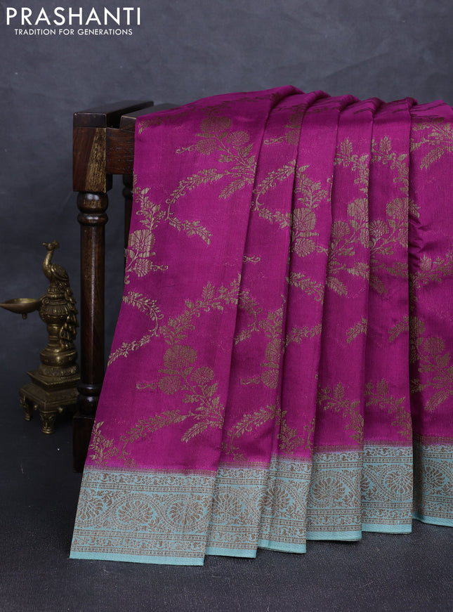 Banarasi semi tussar saree magenta pink and pastel green with allover thread & zari weaves and woven border