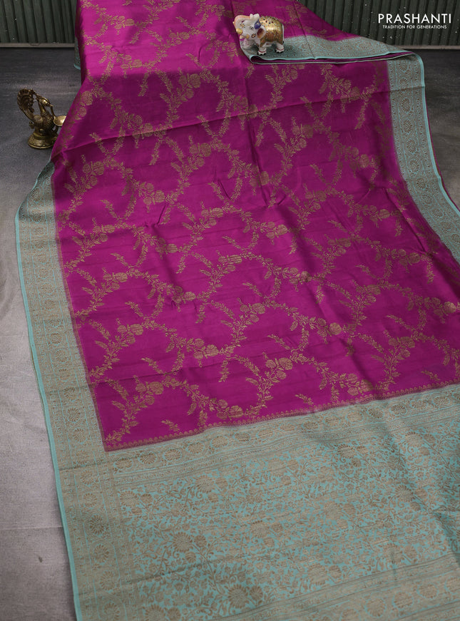 Banarasi semi tussar saree magenta pink and pastel green with allover thread & zari weaves and woven border