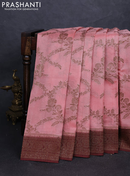 Banarasi semi tussar saree peach shade and brown with allover thread & zari weaves and woven border