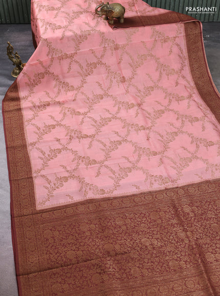 Banarasi semi tussar saree peach shade and brown with allover thread & zari weaves and woven border