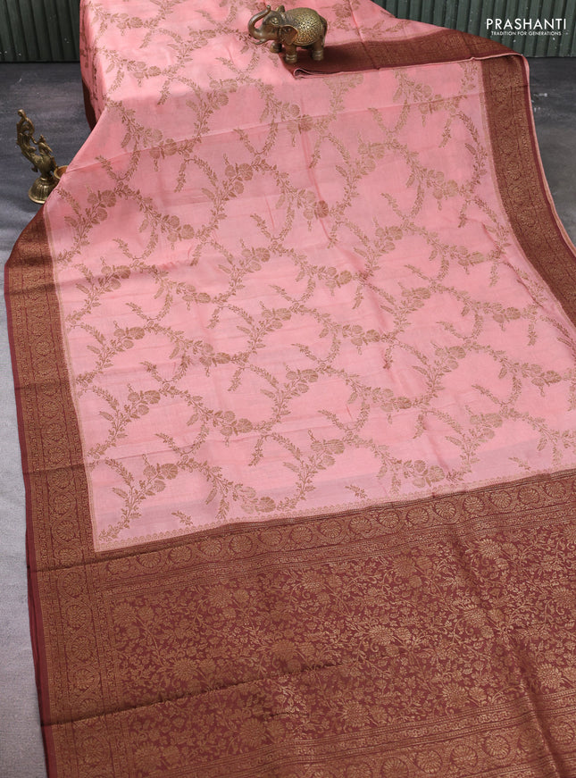 Banarasi semi tussar saree peach shade and brown with allover thread & zari weaves and woven border