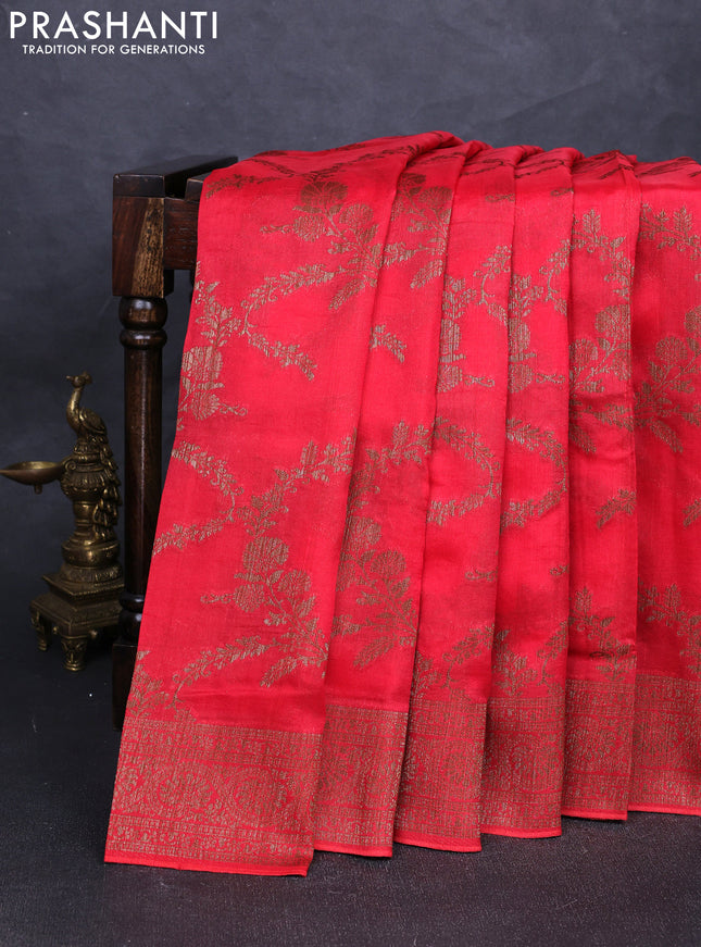 Banarasi semi tussar saree peach red with allover thread & zari weaves and woven border