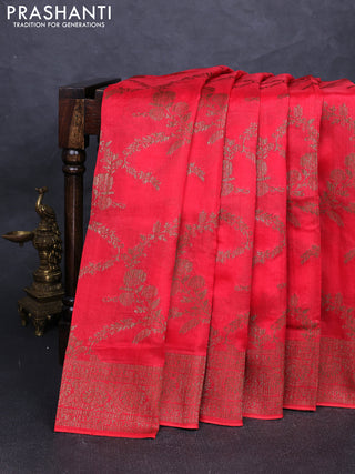 Banarasi semi tussar saree peach red with allover thread & zari weaves and woven border