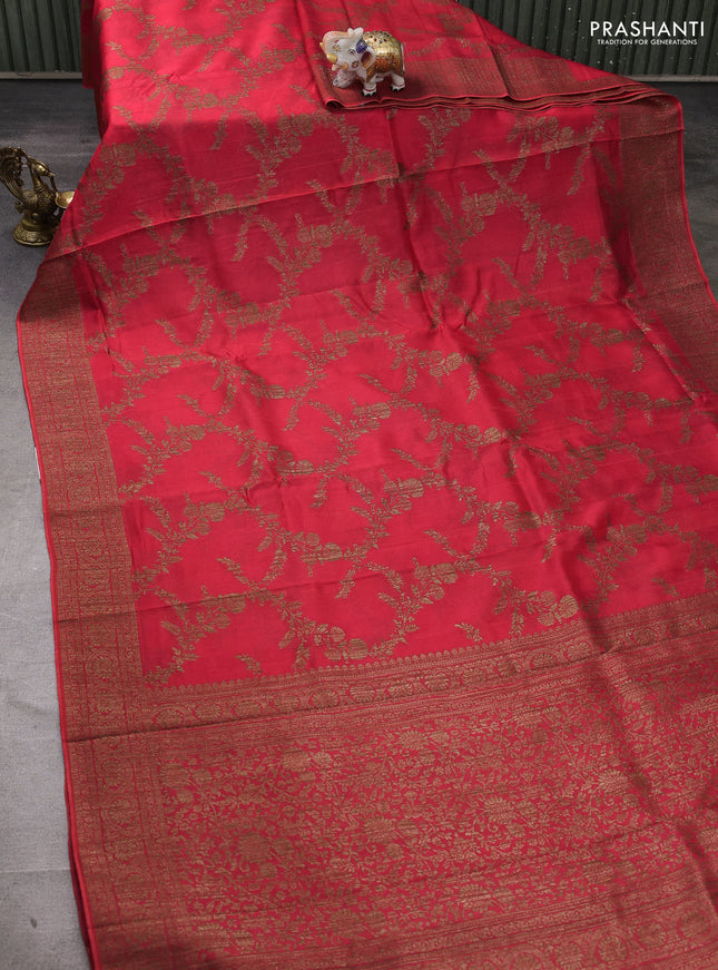 Banarasi semi tussar saree peach red with allover thread & zari weaves and woven border