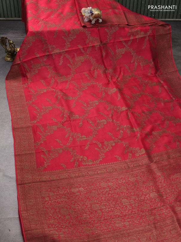 Banarasi semi tussar saree peach red with allover thread & zari weaves and woven border