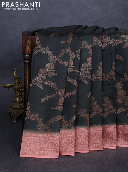 Banarasi semi tussar saree bottle green and peach shade with allover thread & zari weaves and woven border