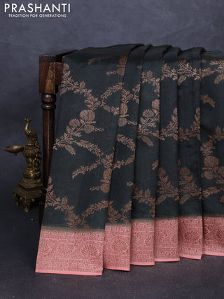 Banarasi semi tussar saree bottle green and peach shade with allover thread & zari weaves and woven border