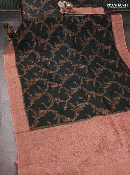 Banarasi semi tussar saree bottle green and peach shade with allover thread & zari weaves and woven border