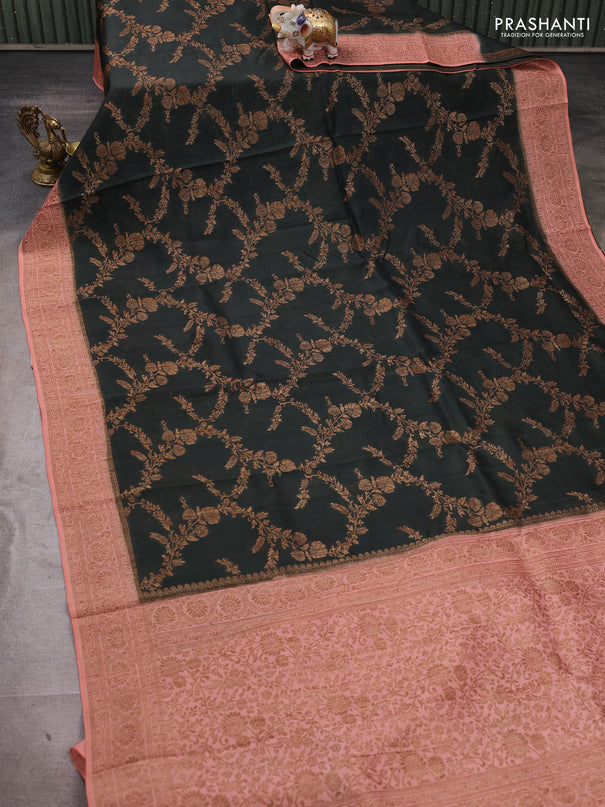 Banarasi semi tussar saree bottle green and peach shade with allover thread & zari weaves and woven border