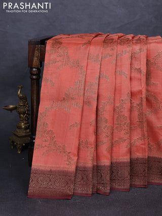 Banarasi semi tussar saree peach shade and brown with allover thread & zari weaves and woven border