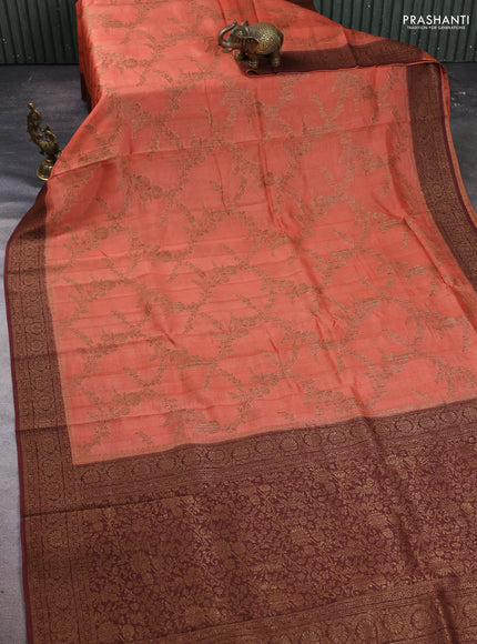Banarasi semi tussar saree peach shade and brown with allover thread & zari weaves and woven border