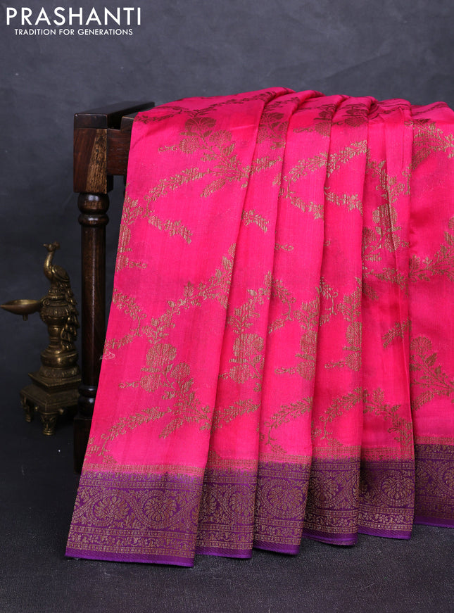 Banarasi semi tussar saree candy pink and purple with allover thread & zari weaves and woven border