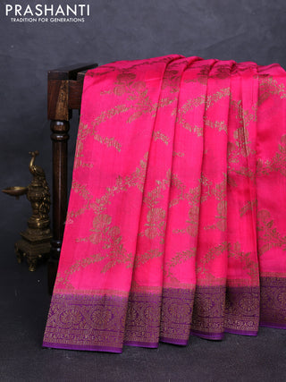Banarasi semi tussar saree candy pink and purple with allover thread & zari weaves and woven border
