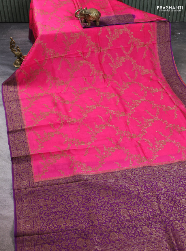 Banarasi semi tussar saree candy pink and purple with allover thread & zari weaves and woven border