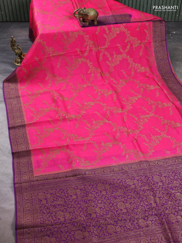 Banarasi semi tussar saree candy pink and purple with allover thread & zari weaves and woven border