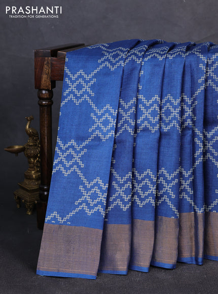 Pure tussar silk saree blue with allover prints and zari woven border