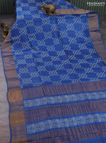Pure tussar silk saree blue with allover prints and zari woven border