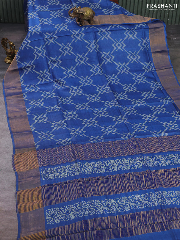 Pure tussar silk saree blue with allover prints and zari woven border