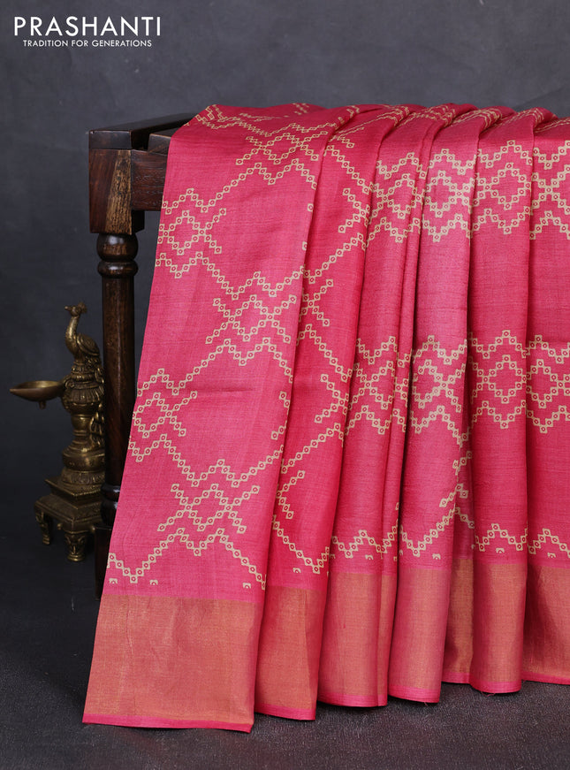 Pure tussar silk saree pink with allover prints and zari woven border