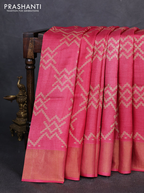 Pure tussar silk saree pink with allover prints and zari woven border