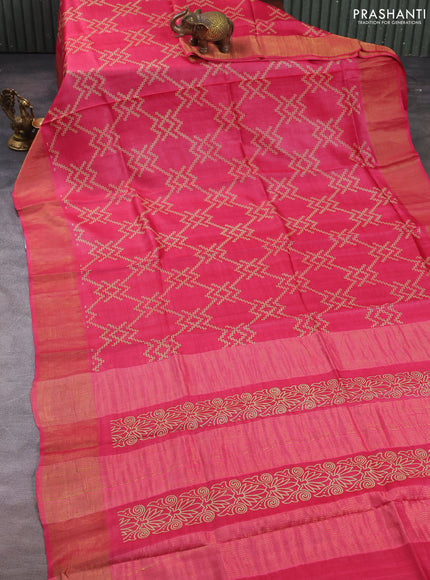 Pure tussar silk saree pink with allover prints and zari woven border