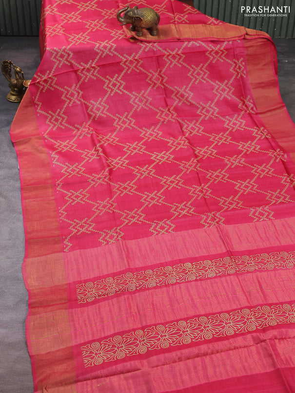 Pure tussar silk saree pink with allover prints and zari woven border