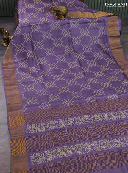 Pure tussar silk saree purple shade with allover prints and zari woven border