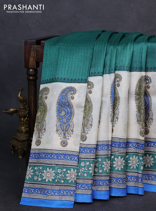 Pure tussar silk saree green and cream blue with allover block prints and long block printed border