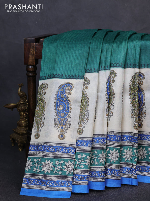 Pure tussar silk saree green and cream blue with allover block prints and long block printed border