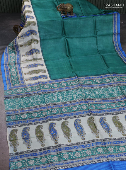 Pure tussar silk saree green and cream blue with allover block prints and long block printed border