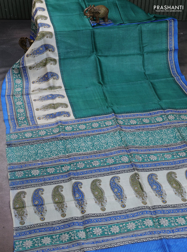 Pure tussar silk saree green and cream blue with allover block prints and long block printed border