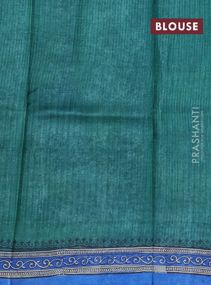 Pure tussar silk saree green and cream blue with allover block prints and long block printed border